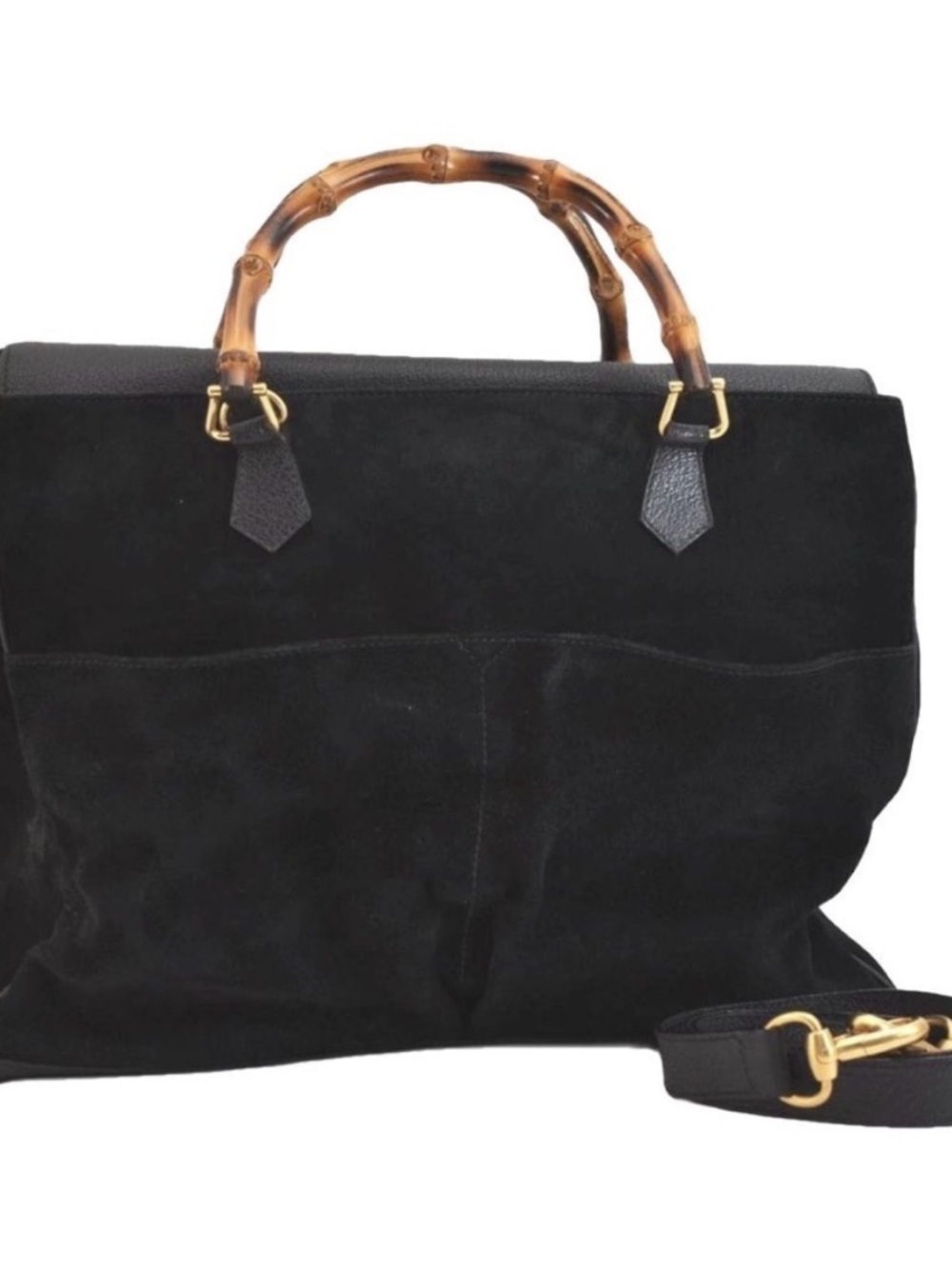 Gucci Bamboo Top Handle Black Suede Satchel Tote